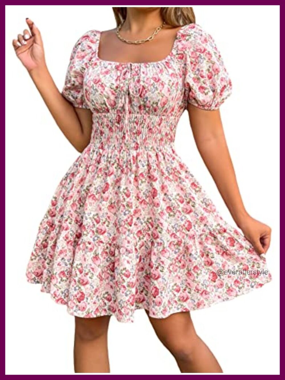 Boho Square Neck Puff Short Sleeve Self Tie A Line Dress